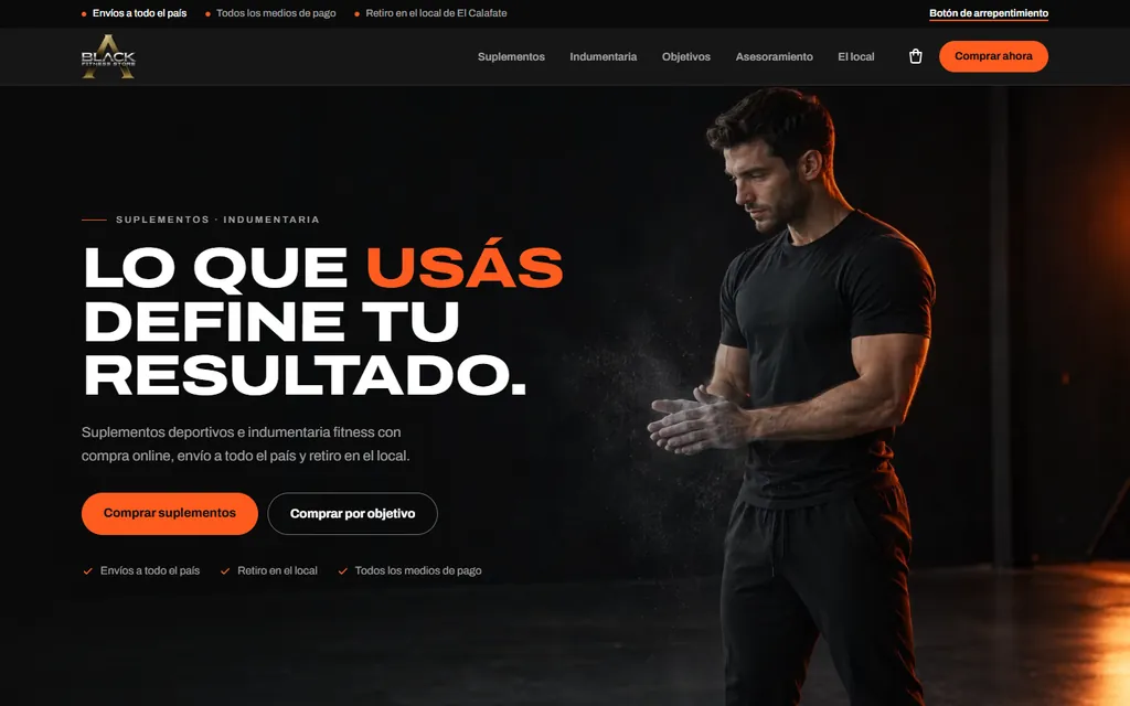 Portada de Black Fitness Store, tienda online de suplementos e indumentaria de El Calafate, con el lema Lo que usás define tu resultado.