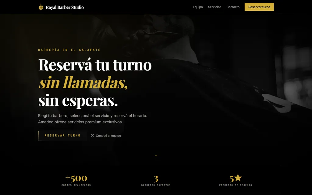 Portada del sitio de Royal Barber Studio, barbería en El Calafate, con el botón para reservar turno fijo en el menú.