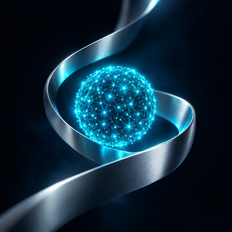 Una esfera de nodos de luz cian dentro de una cinta plateada, que representa inteligencia artificial.